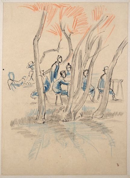 路易-罗伯特-贝特（1898-1948 年，1938 年获印度支那大奖）。
"树荫下坐着的中国人物"