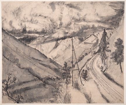 路易-罗伯特-贝特（1898-1948 年，1938 年获印度支那大奖）。
"中国山区的铁路
纸上水