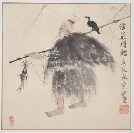 纸本素描，描绘了一位使用鸬鹚捕鱼的渔夫。署名。
画面尺寸 16.3 × 16.3 厘米