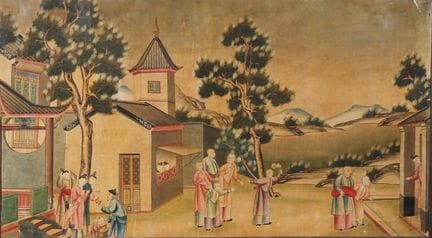 英华画派，19 世纪中国贸易画。
三幅布面油画，描绘了文人亭子附近梯田上的日常生活场景。 
尺寸 7