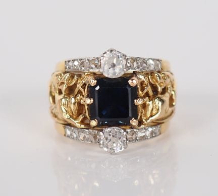 Bague Art Nouveau en or jaune 750, sertie en son c