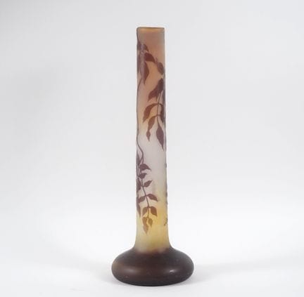 GALLE. 
Large tubular glass vase with acid-etched 