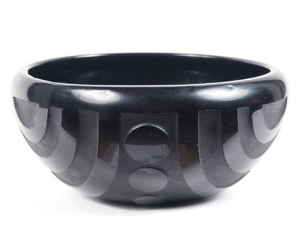 Art Deco black glass bowl with an acid-etched geom