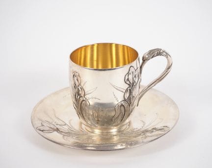 Art Nouveau silver cup and saucer, Minerva hallmar