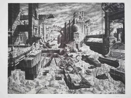 Gérard TRIGNAC (1955) La città volante. Acquaforte