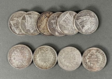 10 monete da 10 franchi “Ercole” in argento. Peso: