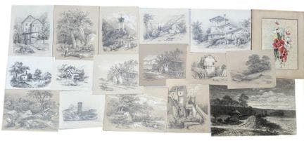 19世纪法国画派。山景画。铅笔画，署有“MZ”字样。