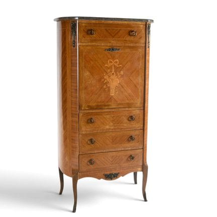 Wood-veneered secretary desk with marquetry decora