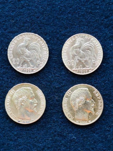 *2 Napoleon III 20 FF gold coins and 2 "Rooster an