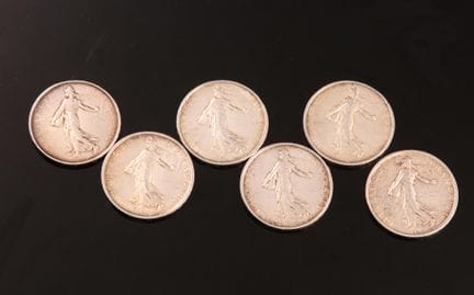 Lot de 6 pièces en argent semeuse 5 francs. 
Poids