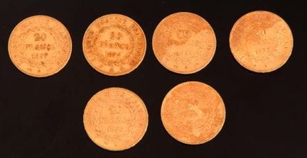 Réunion de six pièces 20 francs or, génie, RF
Poid