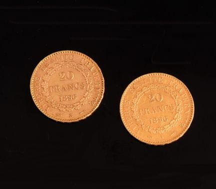 Deux pièces de monnaie or 20 FF, Génie de 1896
Poi