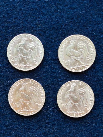 *4 yellow gold 20 FF coins, French Republic, Roost