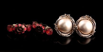 Two pairs of clip-on earrings, one pair adorned wi