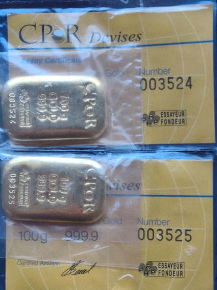 2 gold bars, 100g each, 999.9 thousandths, nos. 00