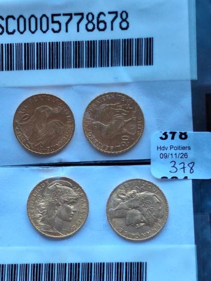 *4 pieces of 20 FF gold coins from the French Repu