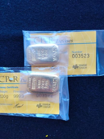 2 100g yellow gold ingots - CPOR Nos. 003522 and 0