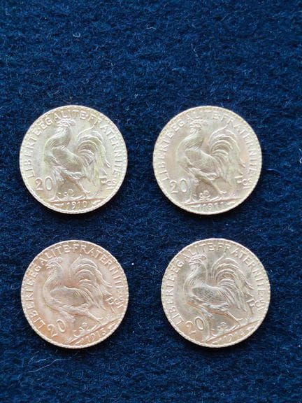 *4 20 FF "Coq et Marianne" gold coins from 1910, 1