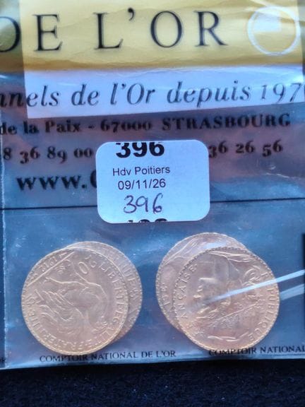 *4 yellow gold 20 FF coins, French Republic "Roost