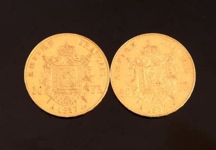 Réunion de deux pièces 50 FF or jaune, Napoléon II