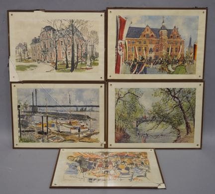 Cinq reproductions encadrées, "Paysages", "Villes"
