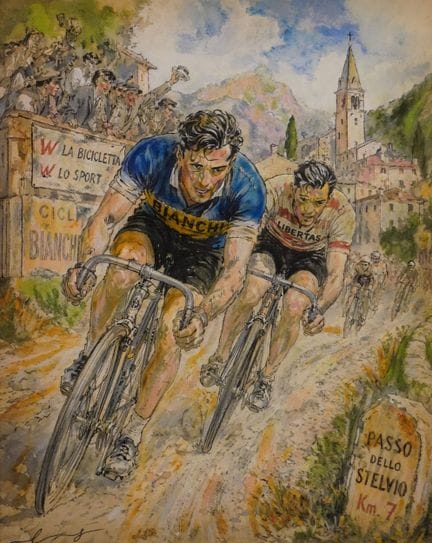 Ecole XXe: "Course cycliste en Italie", gouache, s