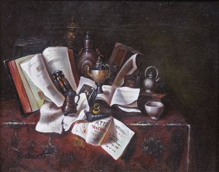 K. BURT (XXe): "Nature morte au livre", huile sur 