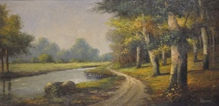 LEROUX (XXe): "Bord de rivière", huile sur toile. 