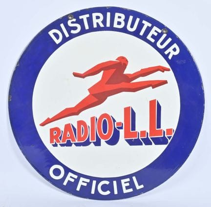 “Radio L. L.”
蓝色、白色和红色的双面圆形搪瓷牌。（官方经销商）。直径：46 厘米。

