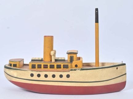 Maquette de paquebot
en bois peint rouge, vert, bl