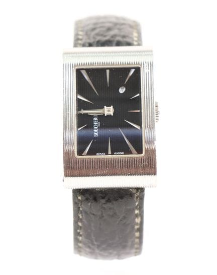 BOUCHERON
Reflet系列矩形不锈钢腕表，黑色条纹表盘带有品牌标识，分钟指针造型仿照旺多姆