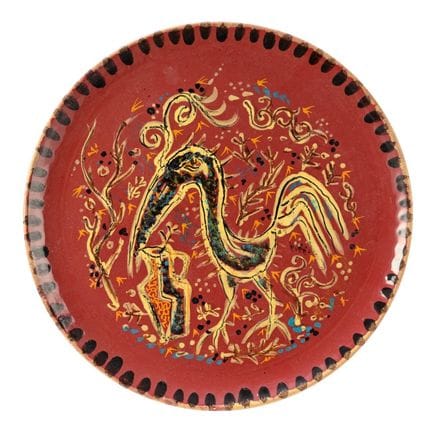 保罗·伊万（1919-2007）
红色鸟与水壶图案盘
多色釉陶器
凯拉卢克（Keraluc）坎佩尔工