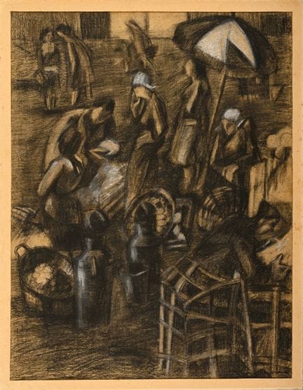 安德烈·奥雷卢（1943–1999），归因于
《特雷布尔的集市》
纸本炭笔画，用粉笔提亮
画面尺寸 