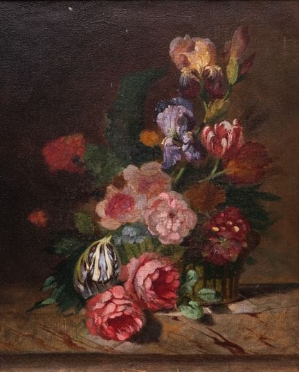 Scuola del XIX secolo 
"Natura morta con rose, iri