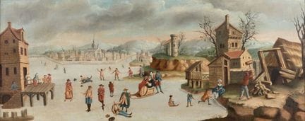 约1800年德国画派
结冰湖面上的滑冰者
布面油画
高：52 厘米
宽：133 厘米
来源：
- 1