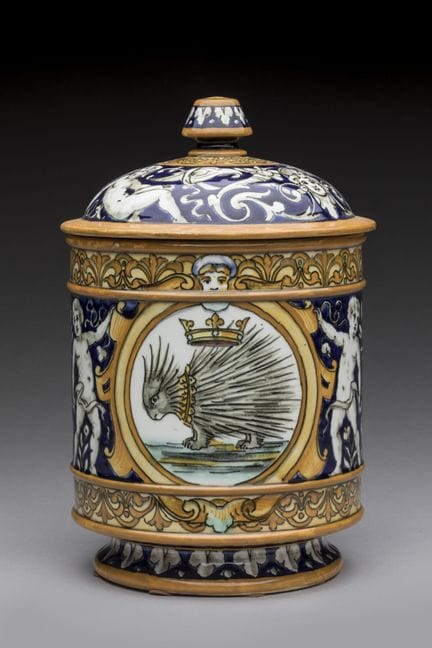 阿德里安·蒂博（Adrien THIBAULT，1844-1918）——布卢瓦：蓝底多色釉陶带盖罐，