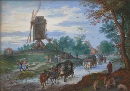 归因于扬·布鲁盖尔二世（又称“小布鲁盖尔”）（1601—1678）
车队穿越磨坊旁的浅滩
水粉画，绘