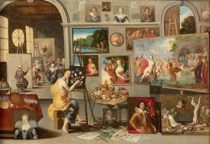 归因于扬·一世·范·凯塞尔（Jan I van KESSEL，1626—1679）
一幅画家工作室内