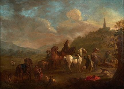 约1700年佛兰德画派，沃弗曼斯（WOUVERMANS）的追随者：
《猎鹿》
布面油画
高：43 厘