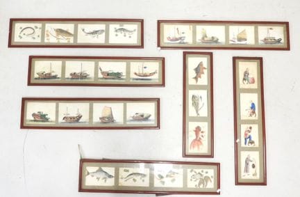 CHINA: figuras, barcos, peces, gouache sobre papel