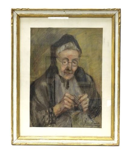Jan GUIL (XXe). La tricoteuse. Pastel. Signé en ba