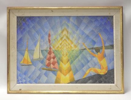 Soleil levant aux voiliers.  Technique mixte. Trac
