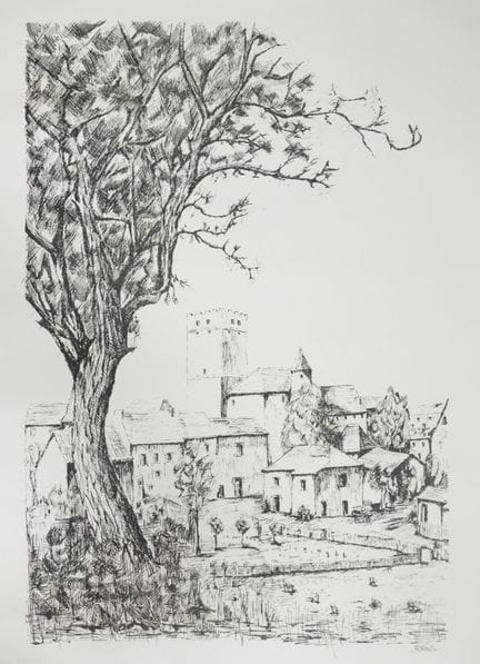 E. NOEL (XX). El pueblo de la torre. Grabado. Firm