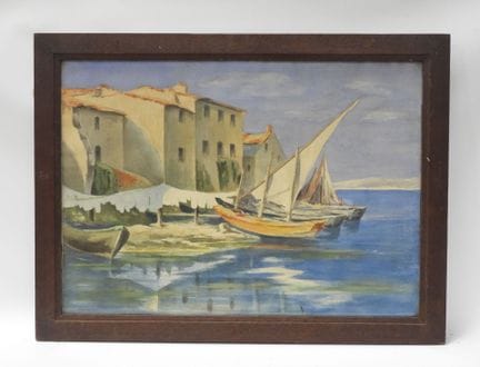 Bord de mer aux voiliers amarrés. Aquarelle. 39 x 