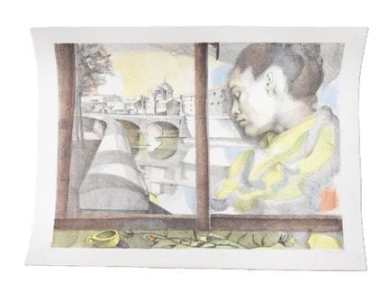 Mujer en la ventana frente a un puente. Litografía