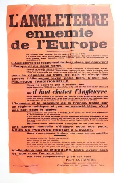 REGIMEN VICHY.  Cartel, "L'Angleterre ennemie de l