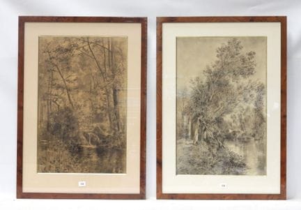 Paysages forestiers aux rivières. Deux dessins au 