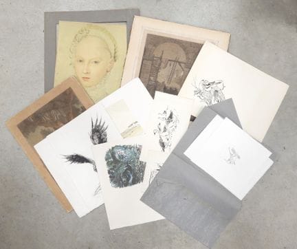 LOTE DE LÁMINAS Y DIBUJOS en hojas que incluye ave