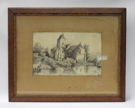 Ecole XIXème : pêcheur près d'une église. Dessin à