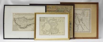 Conjunto de CUATRO GRABADOS de mapas del mundo, en